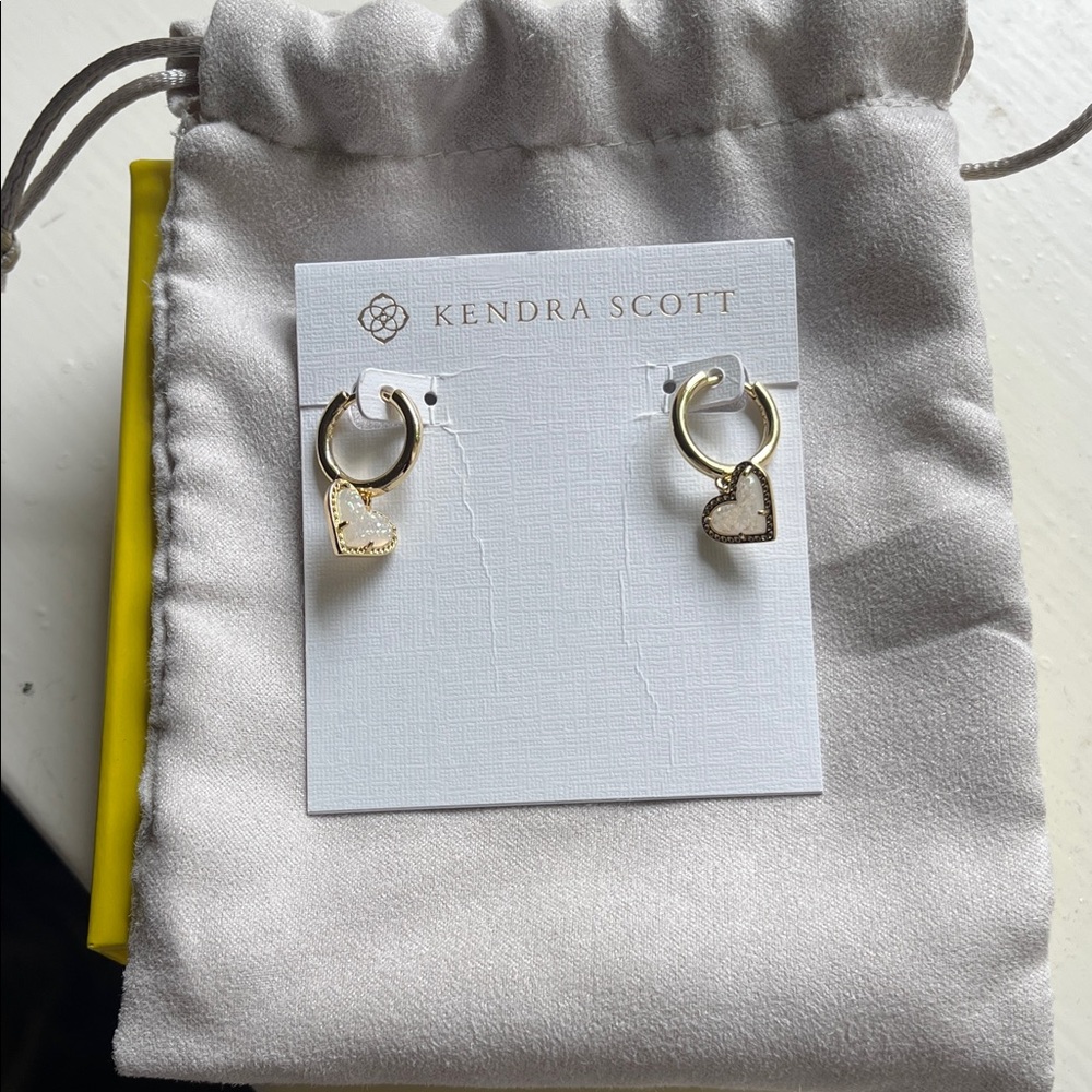 Kendra Scott Gold Ari Heart Huggies in Iridescent Drusy
